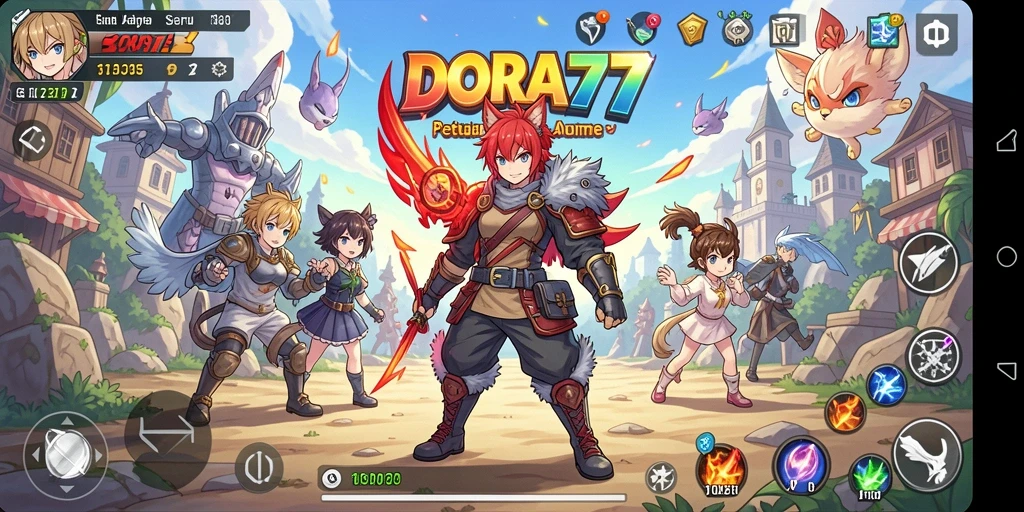 Tampilan luar biasa dari gameplay DORA77 yang penuh warna dan karakter anime.