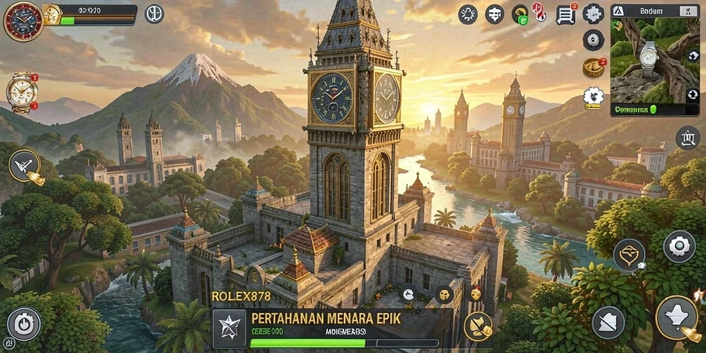 Tangkapan layar gameplay ROLEX878 menampilkan pertempuran menara yang mendebarkan.