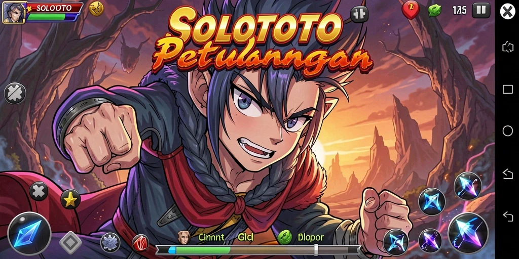 Tangkapan layar utama SOLOTOTO menampilkan karakter anime dalam aksi seru.